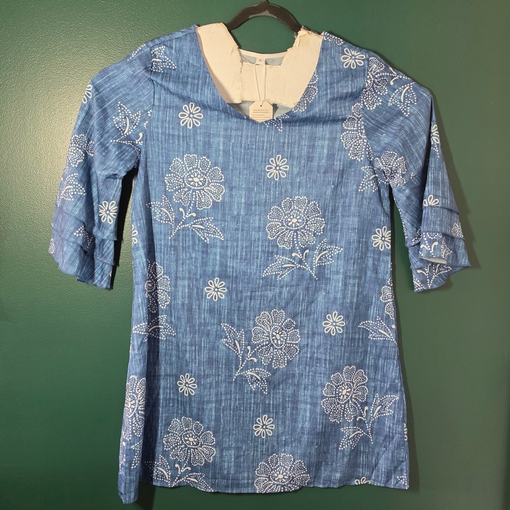 Made With Love Blue Floral Ruffle Sleeve Shift Dress Recycled Fabric XL NEW